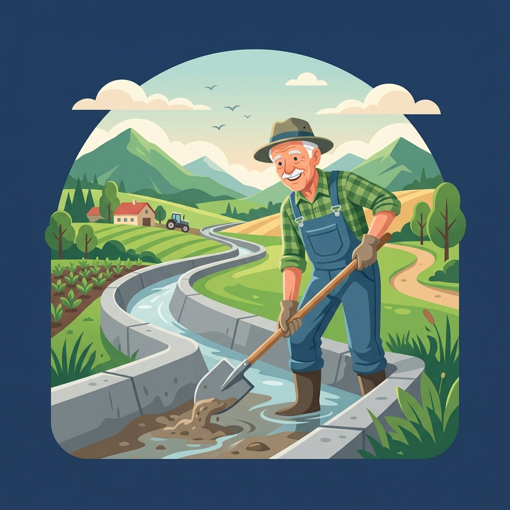 水路掃除（溝さらえ）をする人のイラスト