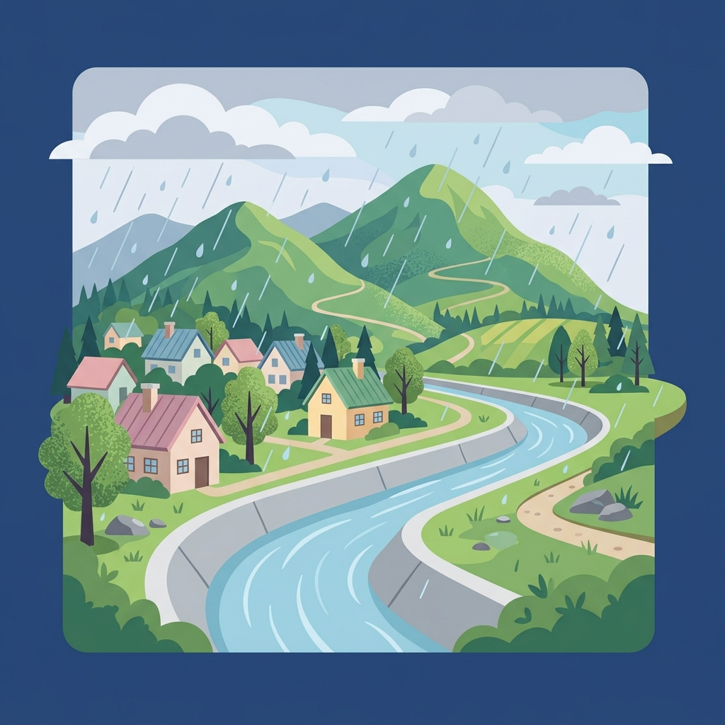 大雨 of 時の水路の排水・防災役割のイラスト